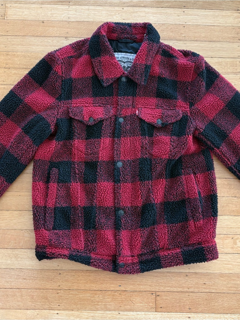 Levi's Type 3 Pile Fleece Buffalo Check Trucker Jean Jacket - Men S - Red Plaid